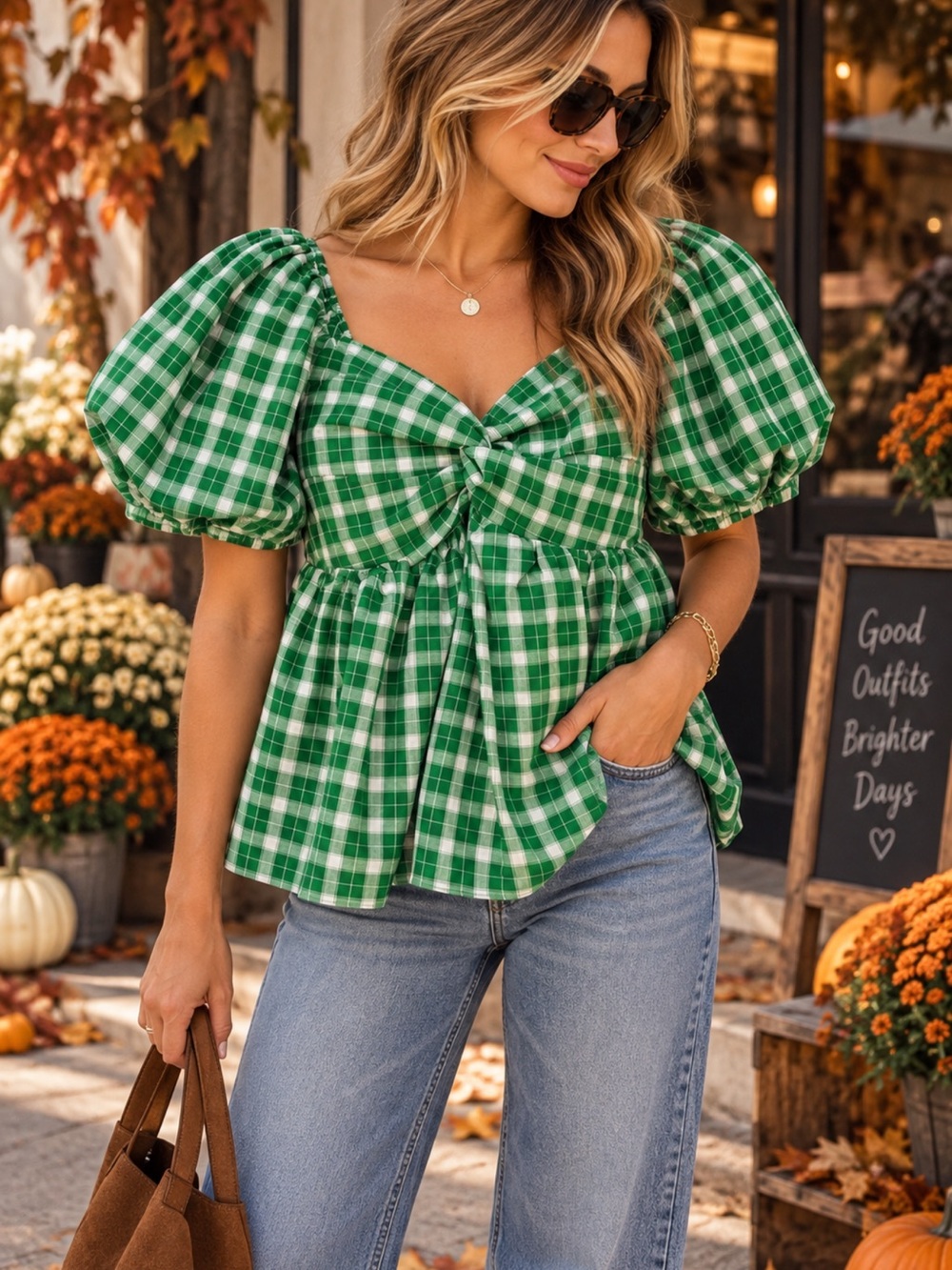 English Factory Green Plaid Twisted Puff Sleeve Babydoll Top XS